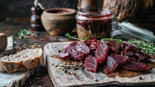 Icelandic fermented shark hakarl presented on a rustic wooden board with rye bread. A unique and traditional Icelandic dish
