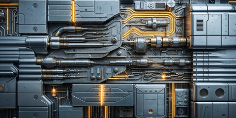 High-Tech Industrial Machinery Wall: Intricate Pipes, Metallic Components, and Glowing Yellow Conduits in a Sci-Fi Technical Background