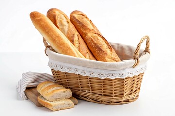 basket of baguettes isolated on white background