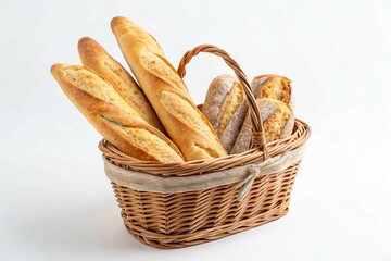 basket of baguettes isolated on white background