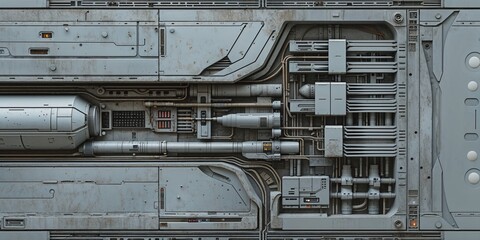 Futuristic grey metal paneling with complex pipeline system, cables, and cylindrical component, depicting advanced machine structure and technology background.