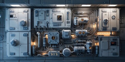 Intricate Sci-Fi Spacecraft Control Panel with Complex Machinery, Pipes, and Wiring in a Futuristic Interior Laboratory Setting