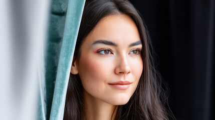 Elegant model posing in stylish fashion with subtle pantone hues for design inspiration