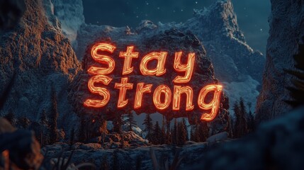 Fiery Stay Strong Message Amidst Snowy Mountains at Night