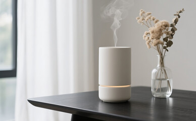 A minimalist cylindrical aroma diffuser made of matte ivory ceramic, releasing a thin stream of vapor into the air. It is placed on a smooth black wooden table, next to a clear glass vase filled with 