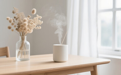 A minimalist cylindrical aroma diffuser made of matte ivory ceramic, releasing a thin stream of vapor into the air. It is placed on a smooth black wooden table, next to a clear glass vase filled with 