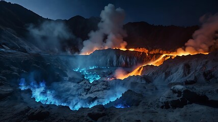 Fototapeta premium Cinematic 3D view of Ijen Crater at night, with electric blue flames glowing against the volcanic rocks