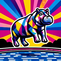 Fototapeta premium Abstract Geometric Hippo: A Colorful and Modern Illustration by the Water's Edge