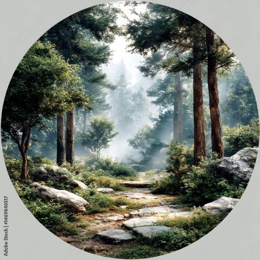 Poster a misty morning path through an enchanted forest, sunlight filtering through the dense canopy, stone