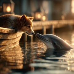 A Golden Encounter: A Dog's Curious Gaze Meets a Dolphin's Gentle Smile on a Serene, Sunlit Waterway