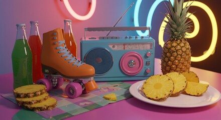Retro Roller Skating Vibes Neon Lights, Pineapple, and Summer Fun