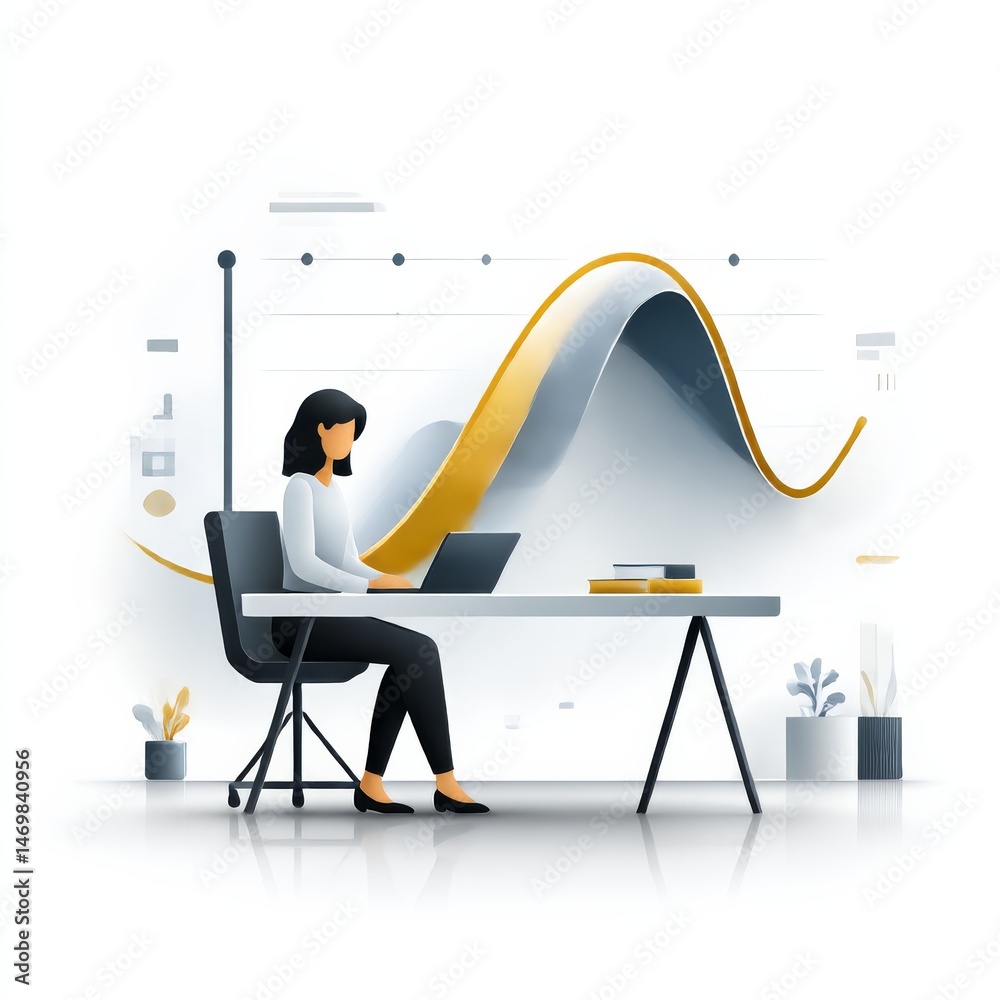 Aufkleber data analysis: woman working on laptop with growth chart visualization in modern office