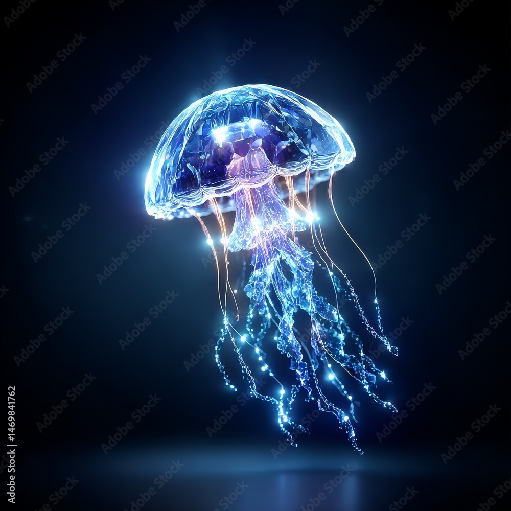 Poster Glow Jellyfish: Luminescent Deep Sea Creature with Intricate, Bioluminescent Patterns Floating Elegantly in the Abyss