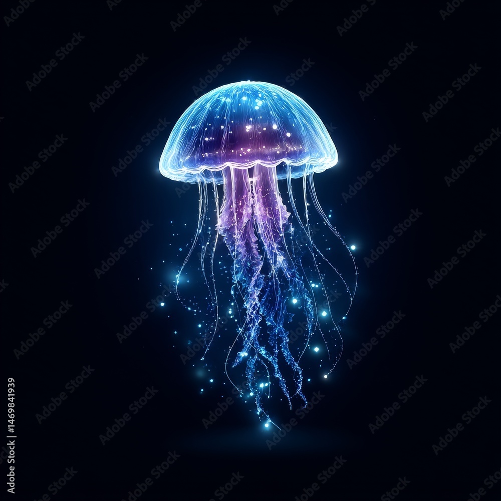 Poster luminous jellyfish: a captivating display of bioluminescence in the deep ocean, bathed in mysterious