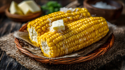 Delicious Golden Corn on the Cob with Melting Butter Still Life Classic Rustic Food Photography Best Gourmet Recipes Fresh Ingredient