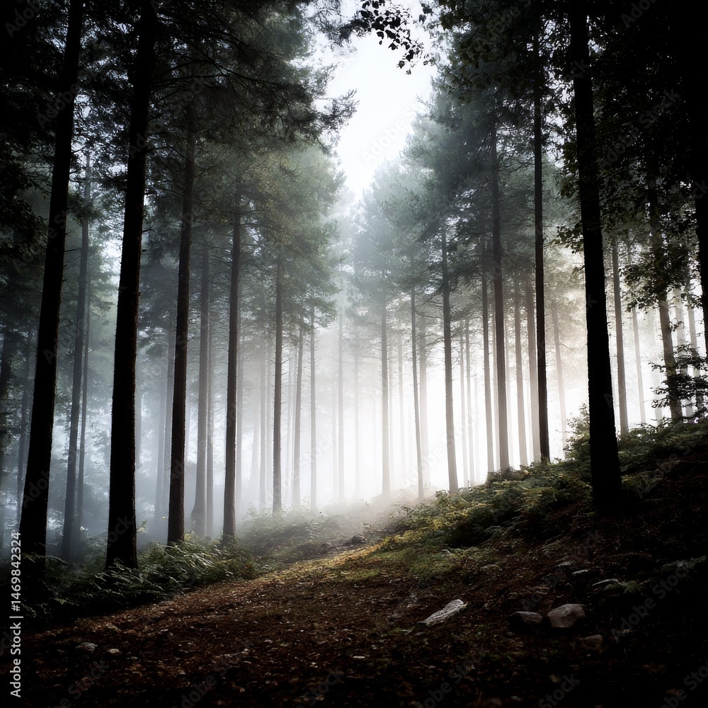 Poster mystical light in a foggy forest: a path through tall trees bathed in mist and sunlight, ethereal be