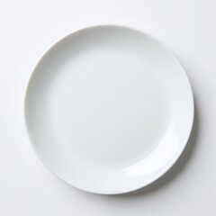 Round white plate placed on white surface, Isolated ceramic tableware with clean look, Studio-lit image for culinary product ads, Minimal aesthetic with commercial versatility