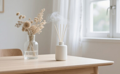 A minimalist cylindrical aroma diffuser made of matte ivory ceramic, releasing a thin stream of vapor into the air. It is placed on a smooth black wooden table, next to a clear glass vase filled with 