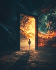 Person Walking Towards Glowing Cosmic Portal in Dark Mysterious Space