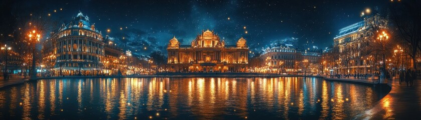 Fototapeta premium Magical Night Cityscape with Golden Lights and Starry Sky