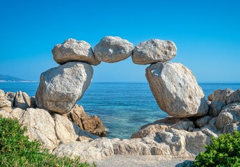 Balanced stones arching over water