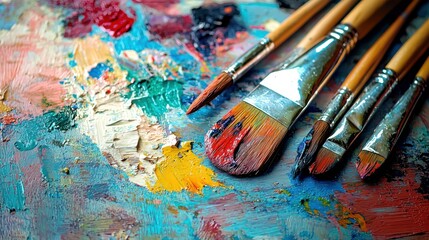 Fototapeta premium A set of colorful brushes with paint on a textured surface, with a blurred background.