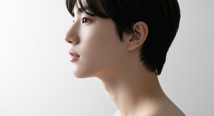 Fototapeta premium Portrait of a Young Woman with Short Black Hair, Profile View, Clean Background