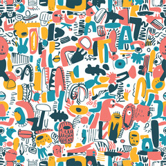 Colorful Hand-Drawn Abstract Pattern with Fun Elements