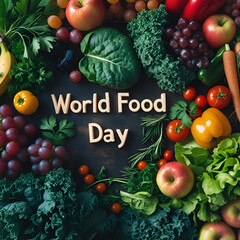 A vibrant display of world food day produce featuring fresh fruits vegetables and leafy greens arrangement