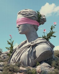 Pixel Art Sculpture Blindfolded Stone Bust Amidst Plants