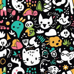 Naklejka premium Colorful Hand-Drawn Abstract Pattern with Fun Elements