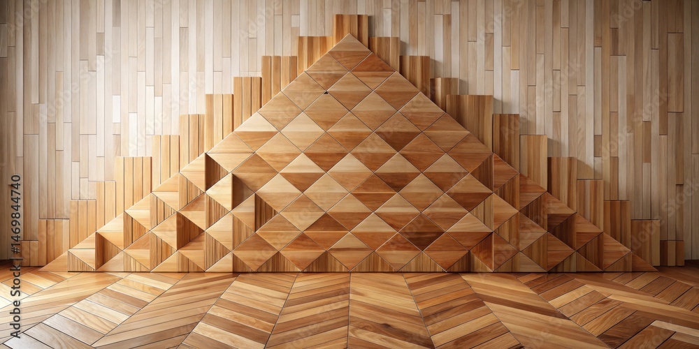 Poster geometric wooden wall paneling and herringbone floor design featuring triangular wood blocks in a co