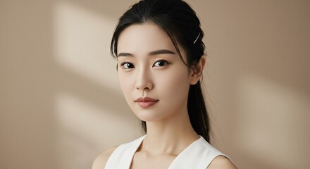 Portrait of a Young Woman with Smooth Skin and Dark Hair, Elegant and Serene Expression