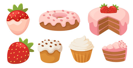 Dessert Collection Featuring Strawberries, Donut, Whole Cake, Cupcakes, and Cake Slice