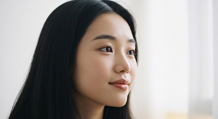 Fototapeta premium Portrait of a Young Asian Woman with Long Black Hair, Soft Makeup, and Serene Expression
