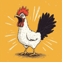 Cartoon Rooster Crowing Loudly In Retro Style On Yellow Background Vector Illustration Animal Art