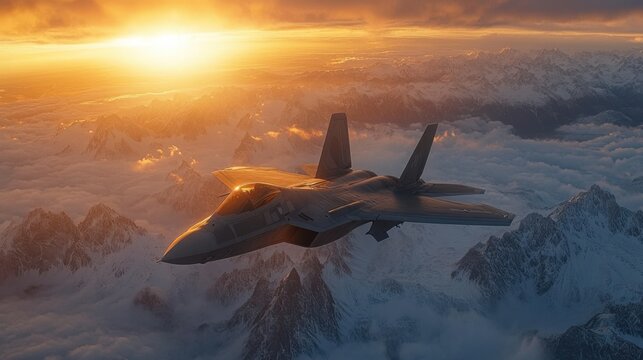 F-22 Raptor Aircraft Over Snowy Mountains at Sunset