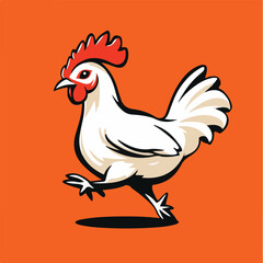 Cartoon White Chicken Illustration On Orange Background Mascot Animal Farm Poultry Vector Graphics