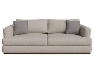 Light beige fabric sofa with dark wood base.  Two gray accent pillows