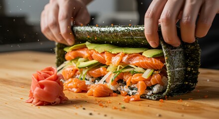 A diverse collection of sushi-themed visuals—from traditional nigiri and fusion rolls to cute characters, abstract art, fantasy worlds, and futuristic settings, capturing sushi in every creative form