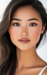 A close-up portrait of an Asian woman with beautiful skin, set against a white background. She has well-defined facial features and is wearing natural makeup that accentuates her eyes and lips. 