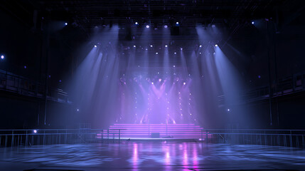 Stage setup with vibrant lighting and fog, preparing for a live performance in an auditorium