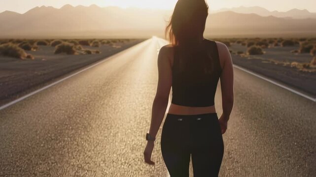 Woman walking alone on a long empty road during sunset in a desert landscape, capturing a moment of solitude and reflection in the warm glow