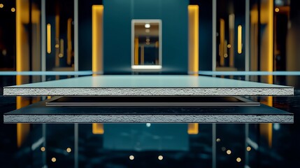 Modern architectural panel display.  Empty platform over dark reflective floor