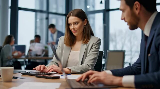 Smiling woman engaged in collaborative work with colleagues in a modern office setting during a busy weekday meeting