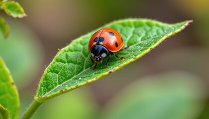 Close-Up of a Ladybug Crawling on a Green Leaf in a Natural Garden Setting