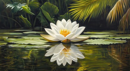 Serene White Water Lily Reflection in Tropical Pond