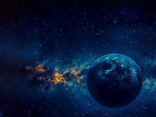 Fototapeta premium In the depths of space, a dark gray moon orbits against the backdrop of the breathtaking Milky Way galaxy, illuminating the infinite beauty of the cosmos. Stars twinkle in the distance