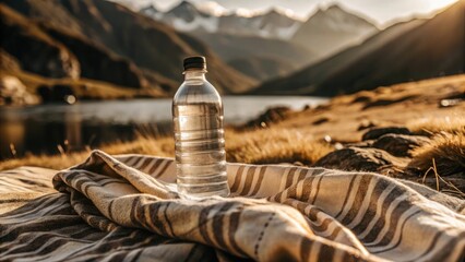 Scenic Outdoor Picnic with a Clear Water Bottle on a Striped Blanket Overlooking a Lake and Mountains