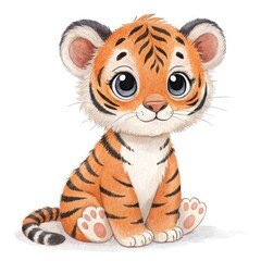 Cute Baby Tiger Cartoon with Expressive Eyes and Playful Striped Tail
